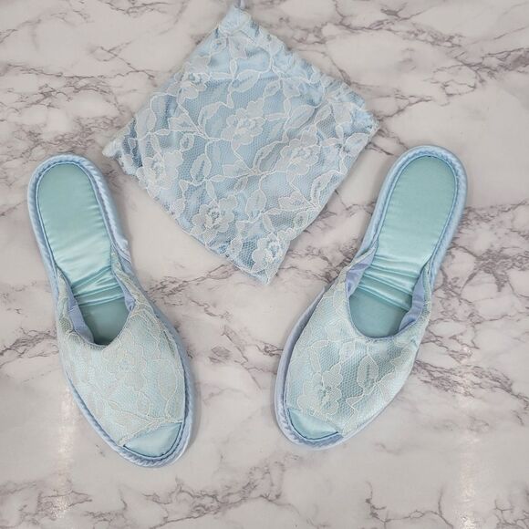 Vintage Blue Satin and Lace Women's House Slippers 60s Peep Toe - Picture 2 of 12